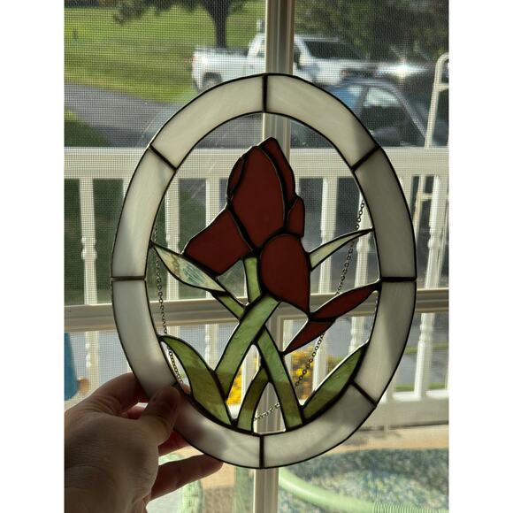Vintage Leaded Stained Glass Oval Window Pane Iris Suncatcher - Picture 4 of 6